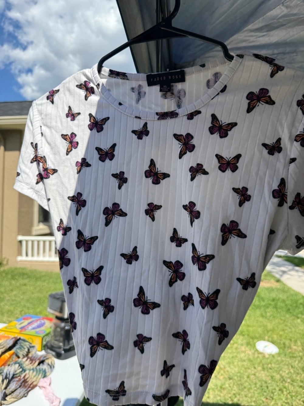 Faded Rose White Butterfly Print Ribbed Crop Top